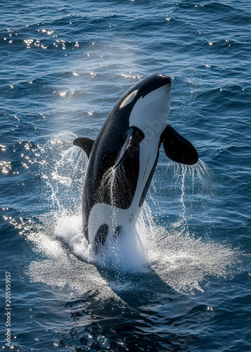A large black and white orca jumping out of the water with a splash on a sunny day in the ocean with