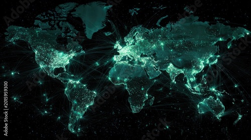 Glowing world map with interconnected light lines on black