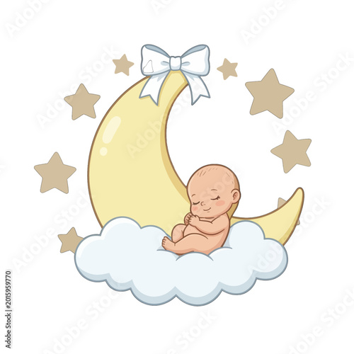Baby Sleeping on Crescent Moon with Stars, Cute Infant Illustration Isolated Transparent Background for Nursery Design