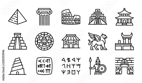 Photos Ancient Civilizations Icons Set: Historical Landmarks, Architecture, Symbols, Ve