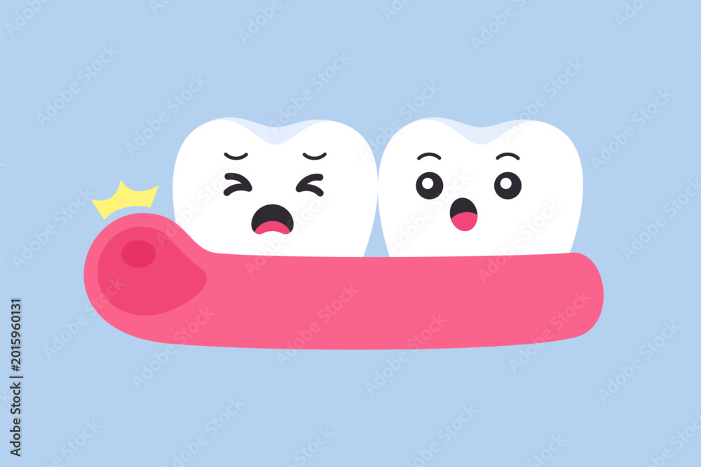 Fototapeta premium Two cute flat cartoon tooth characters sitting on gum with painful expressions on light blue background