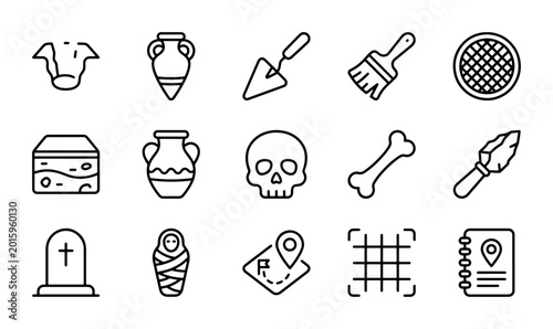 Schilderij op canvas Archaeology Icons Set: Digging Tools, Artifacts, Skull, Tombstone, Map, Vector G