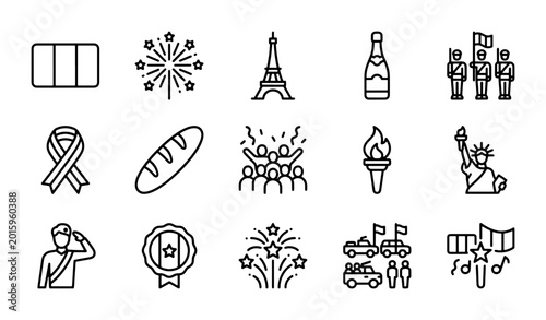 Bilde på lerret French National Day Icons: Bastille Day Celebration Symbols, Paris Landmarks, Fe