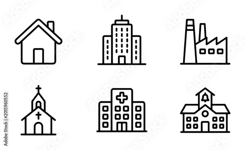 Fotografie Modern Building Icons Set: Residential, Office, Factory, Church, Hospital, Schoo