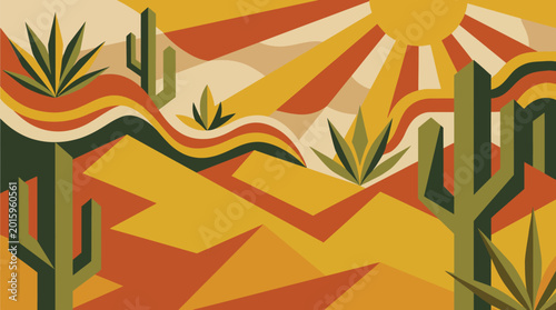 Minimal Southwest Desert Cactus Monoline Landscape Vector