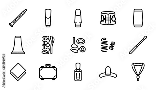 Foto Musical Instrument Parts Icons, Woodwind & Brass Accessories, Vector Set