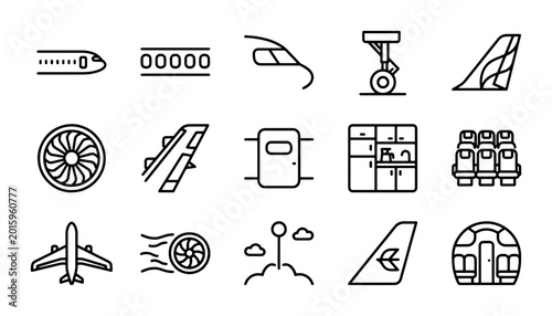 Foto Airplane Icons Set, Aviation Elements Collection, Aircraft Parts Graphics, Trave