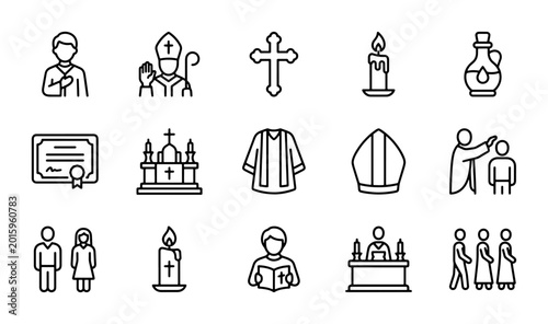 Religious Icons Set: Christian Clergy, Symbols, Worship, Ceremony, Faith, 15 Vector Elements