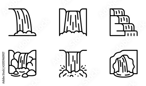 Waterfall Icons Set, Nature Elements Vector Graphics, Cascade Waterfalls Collection