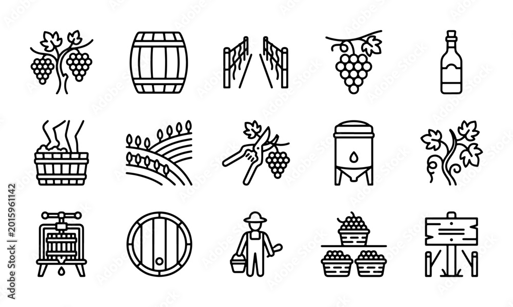 Obraz premium Vineyard Icons Set, Wine Making Vector Graphics, Winery Elements Collection