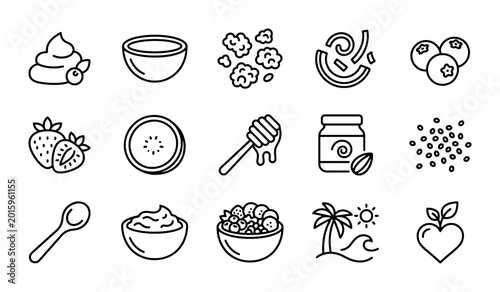Healthy Food Icons: Berries, Fruit, Yogurt, Honey, Seeds, and Nutrition Symbols