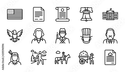 Tableau sur toile American History Icons Set: US Flag, Liberty Bell, White House, Founding Fathers