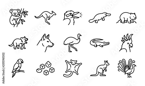 Photography Australian Wildlife Icons Set: Koala, Kangaroo, Platypus, Emu, Cockatoo Vector C