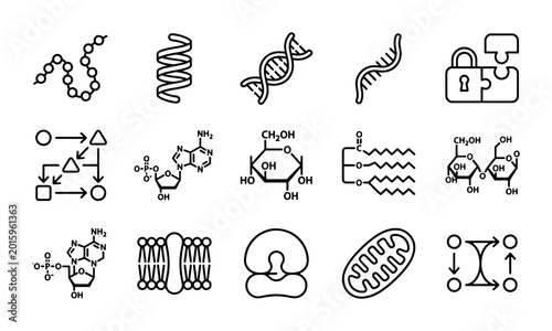 Foto Biochemistry Icons Set: DNA, Molecules, Cells, Mitochondria, Genetic Code, Biolo
