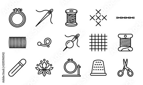Foto Embroidery Icons Set, Sewing Tools Vector Graphics, Craft Supplies, Needlework E