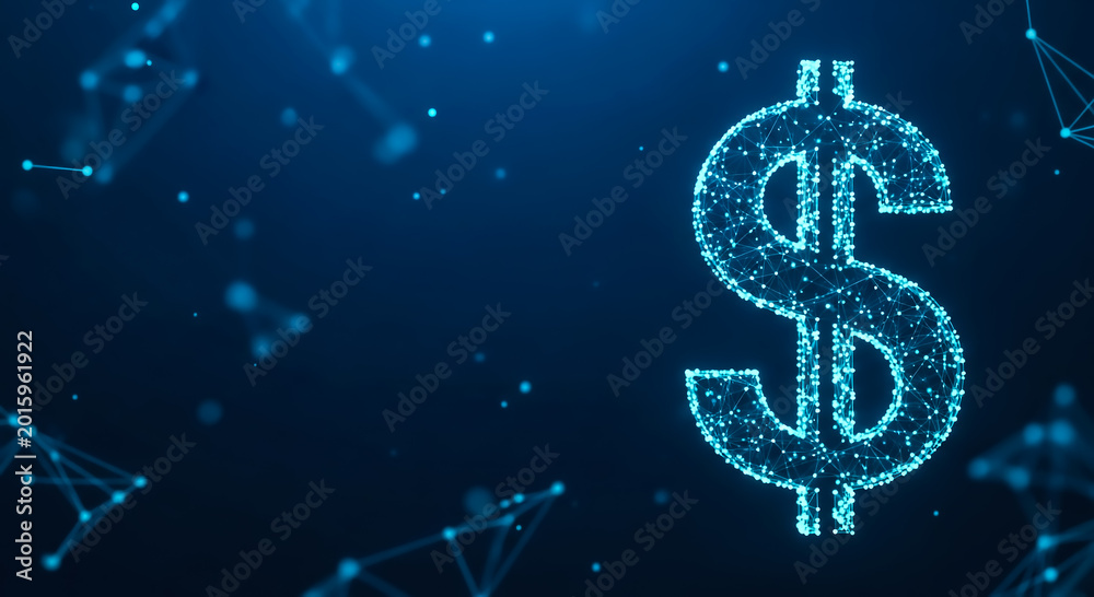 Obraz premium A glowing dollar sign symbol composed of dots, set against a dark blue backdrop with interconnected lines and particles.