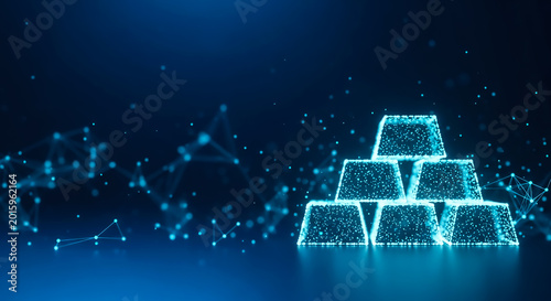A glowing digital representation of stacked gold bars with a modern, futuristic blue background and particle effects.
