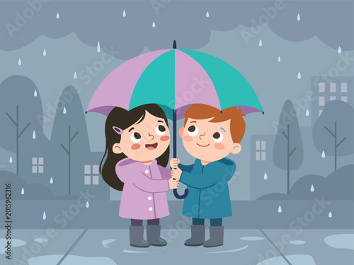 Cute Kids Sharing Umbrella in Rainy Weather Cartoon Vector Illustration