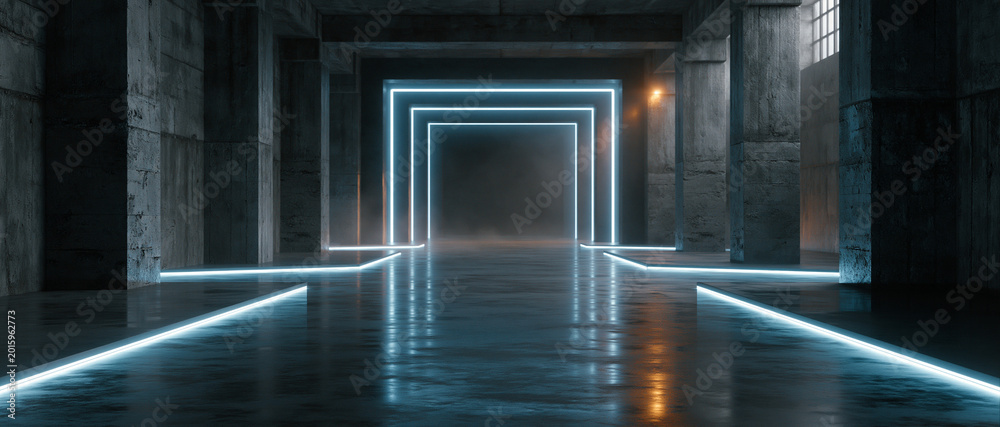 Obraz premium Luxury Black Warehouse Interior With Neon Blue Light Frames, Futuristic Concrete Corridor and Reflective Industrial Mockup Background
