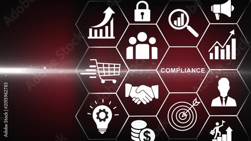Compliance and regulation concept. Enforcement of laws, regulations, and standards, requirements, internal policies and procedures. Minimize legal and financial risks - 4k animation
