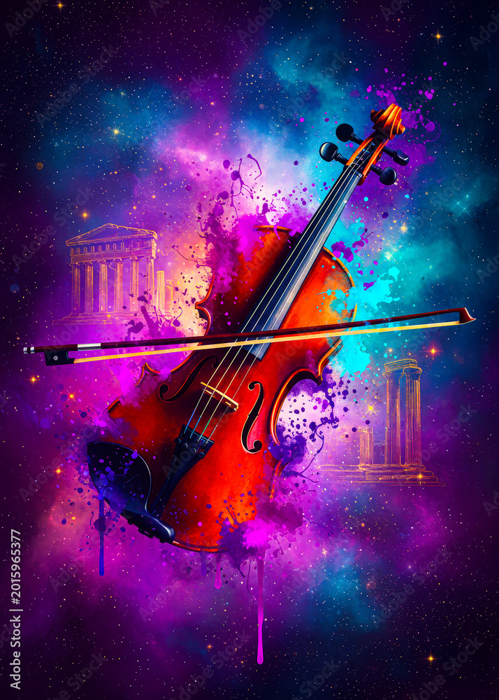Fototapeta premium a vibrant abstract depiction of a violin with a colorful background and a classical architectural el