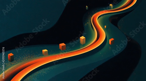 Abstract flowing path with glowing elements and cuboid objects