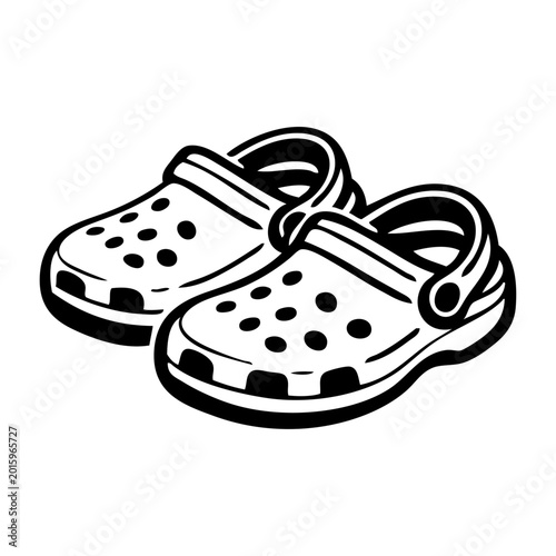 Logotipo con dibujo minimalista con líneas de un par de sandalias crocs de caucho 