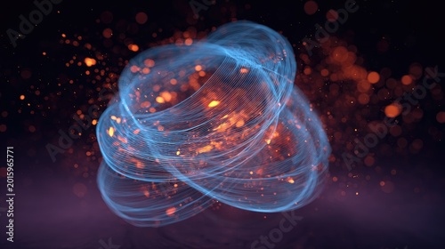 Intertwined luminous blue strands glowing with internal orange light particles