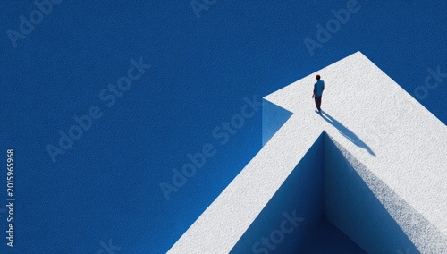 Lone figure walks up a white arrow on a deep blue background