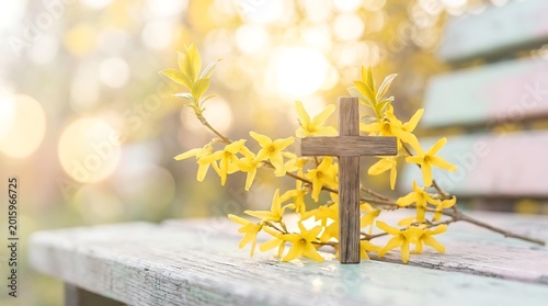 Beautiful wooden cross background for Easter, peaceful wooden cross background with spring flowers, spiritual wooden cross background on garden bench