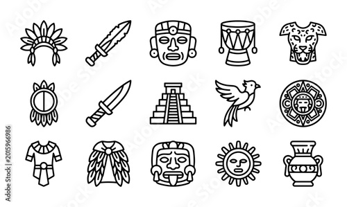 Fotografía Ancient Aztec Icons Set, Mayan Civilization Symbols, Cultural Vector Graphics, T
