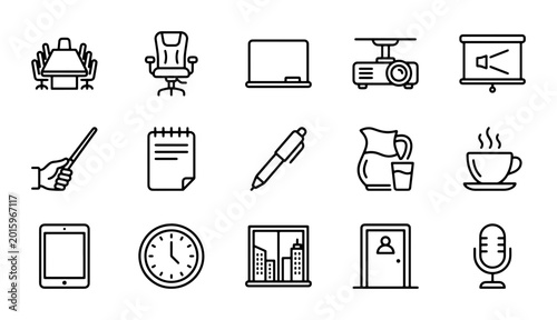 Business Meeting Icons: Office, Presentation, Technology, and Communication Vector Set