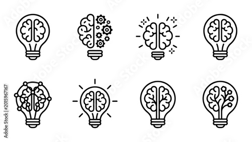 Fotografía Brain Lightbulb Icons: Innovation, Ideas, Intelligence, Creativity, Insight, Tec