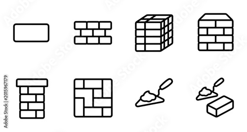 Brickwork Construction Icons: Building Materials, Masonry Tools, and Wall Patterns Vector Set