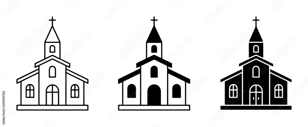 Naklejka premium Church Icons, Religious Building Symbols, Christian Worship Place Graphics, Vector Set