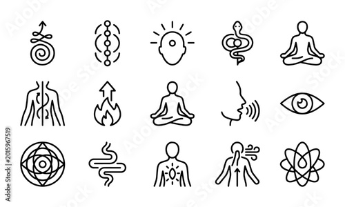Mindfulness Icons Set: Meditation, Energy Flow, Chakras, Human Body, Eye, Breath