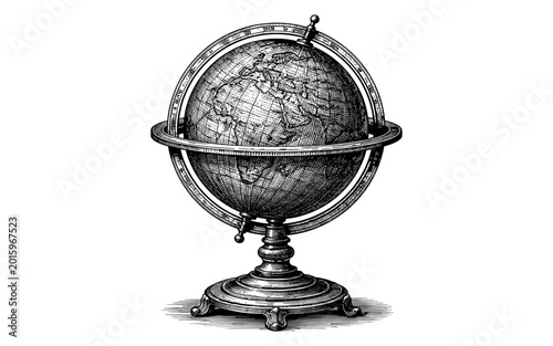 Vintage globe with detailed continents and meridians on a decorative stand