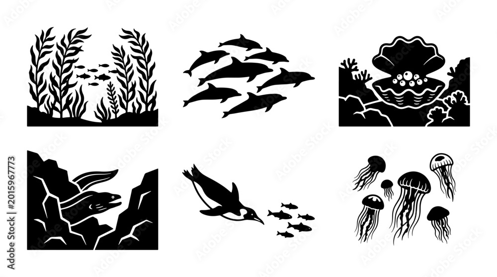 Fototapeta premium Ocean Life Vector Icons: Marine Animals, Coral Reefs, Seaweed, Jellyfish, Dolphins, Penguins, Moray Eel