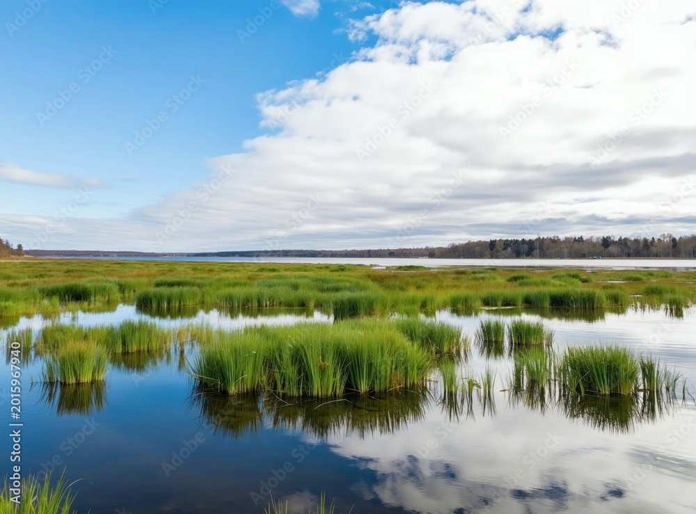 Fototapeta premium Water landscape with green reeds growing on flooded meadows under blue cloudy sky. Calm lake reflects sky and vegetation. Spring nature revival begins.