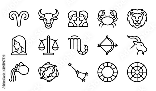Zodiac Constellation Icons, Astrology Symbols Set, Horoscope Signs Vector Graphics