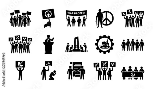 Canvas Print Protest Icons Set: Demonstration, Activism, Peace Symbols, Crowd, Speech, Social