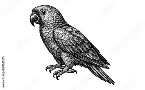 Vintage illustration of a parrot with detailed feathers and sharp talons