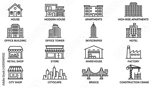 Bild auf Leinwand Thin line building icon collection with editable stroke architectural vector sym