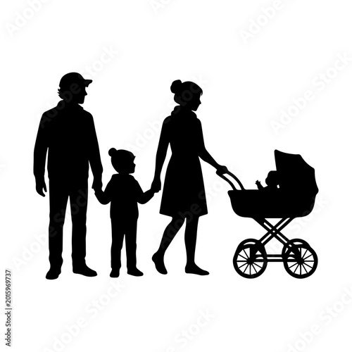 Happy family silhouette walking with a baby stroller.