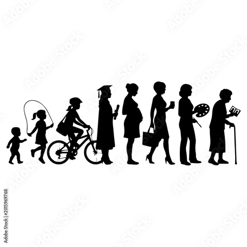 Silhouette of female life cycle stages from childhood to elderly age.