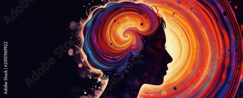 Silhouette profile with vibrant swirling colors inside head. Represents imagination thought and creativity. Abstract art with dynamic energy and inspiration. Bright, colorful, and vivid.