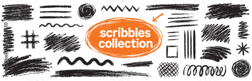 Collection of various hand-drawn charcoal scribbles, textures, lines, and shapes. Artistic design elements for creative projects, isolated on white background.