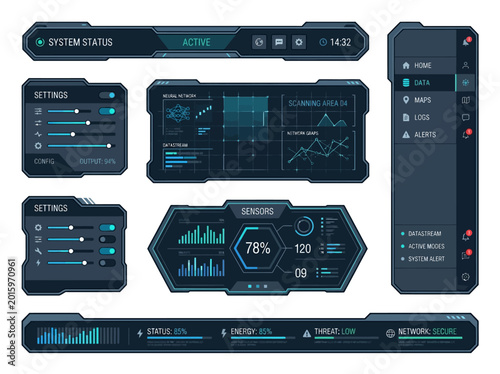Advanced futuristic digital user interface elements bundle with cyber technology displays, illustrating data analysis and system monitoring.