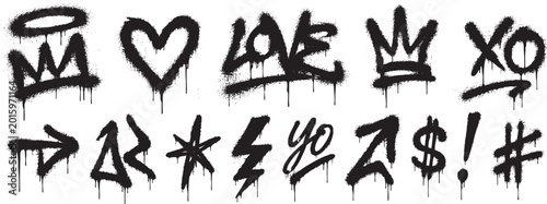 Obraz na płótnie Set of hand-drawn graffiti spray paint elements including crowns, hearts, text, symbols, and arrows