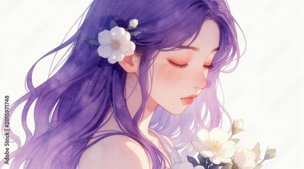 Naklejka premium Illustration of young woman with long purple hair adorned with white flowers. Her eyes are closed, and she holds bouquet, evoking serenity and gentle beauty. Soft watercolor style creates dreamy mood.